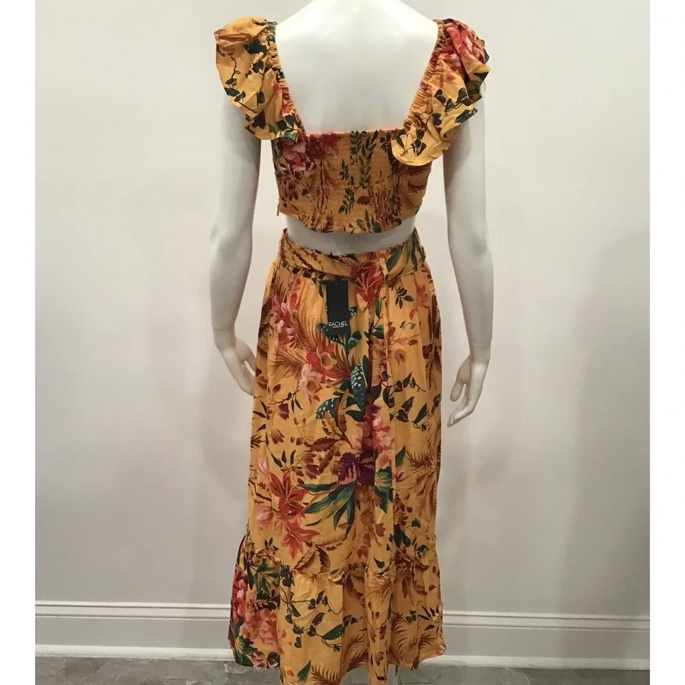 Rachel Roy Linen Skirt Set 3 Blouse Maxi Skirt Belt Floral Vacation Outfit Small
